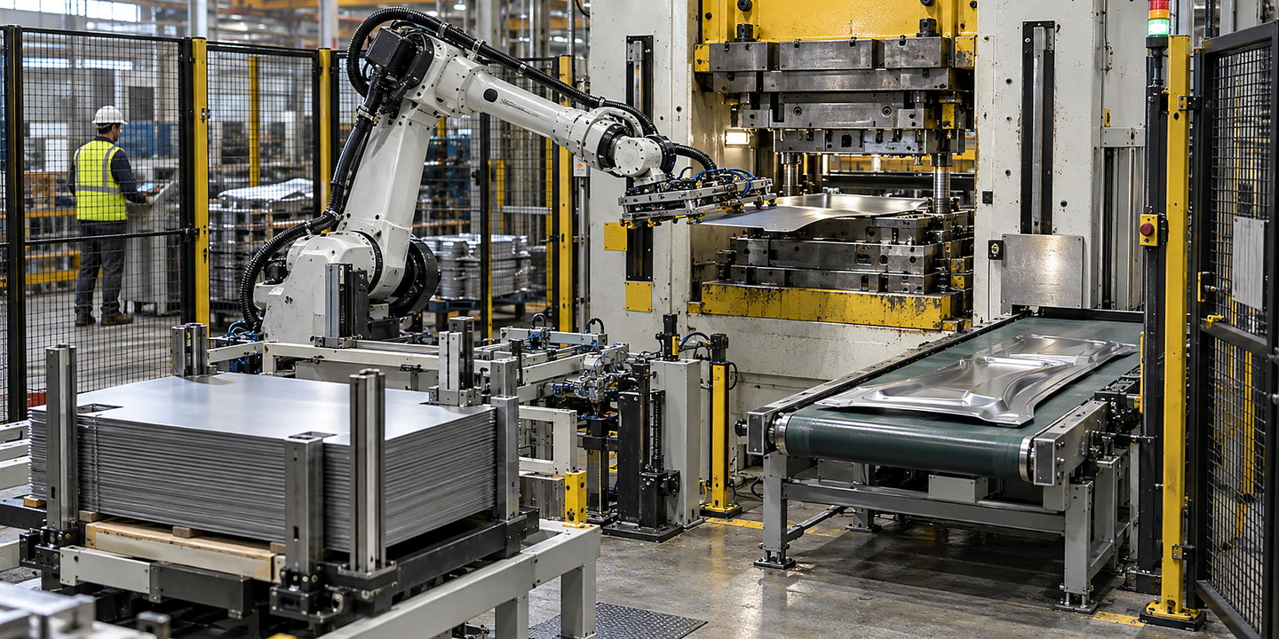 A robot safely loading blanks into a press inside a guarded cell, with blank stack, press interface and discharge conveyor visible.